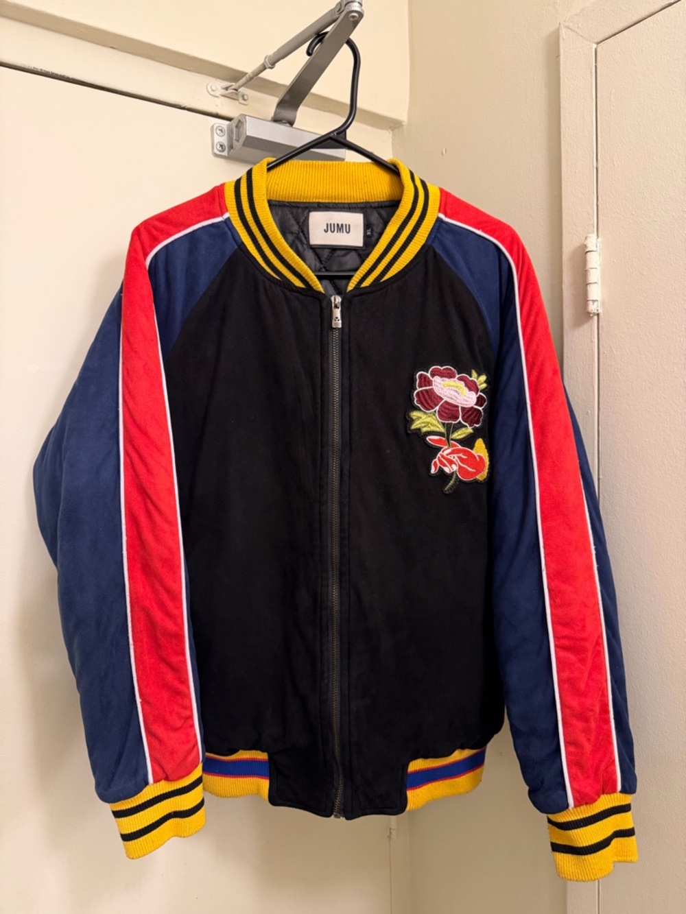 Men’s Colorblock Bomber Jacket in Black, Red & Blue